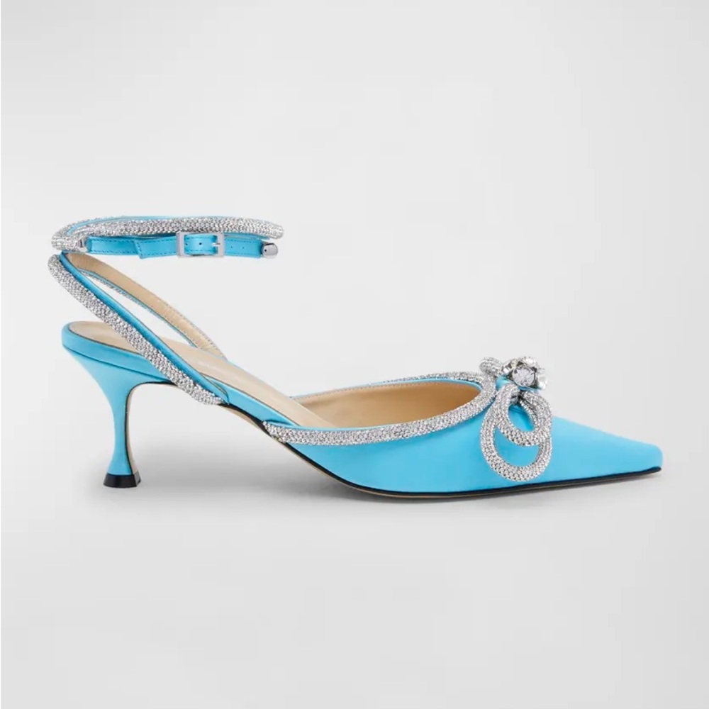 MACH & MACH Crystal Bow Double Ankle-Strap Kitten Pumps (NEW IN BOX)